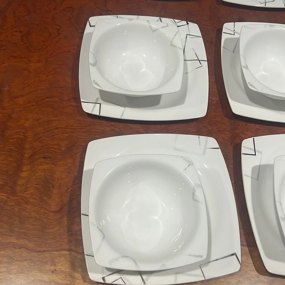 22 Piece Set of Gural Porselen GRL White Fine Bone Square Gold Silver MCM Print
